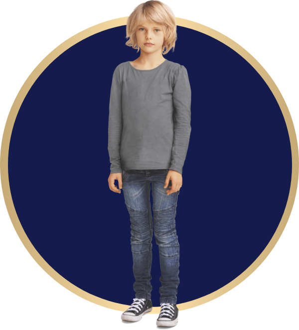 A young boy with blonde hair who appears frail and underweight stands in the middle of a blue circle wearing jeans and a gray sweater