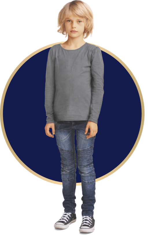 A young boy with blonde hair who appears frail and underweight stands in the middle of a blue circle wearing jeans and a gray sweater