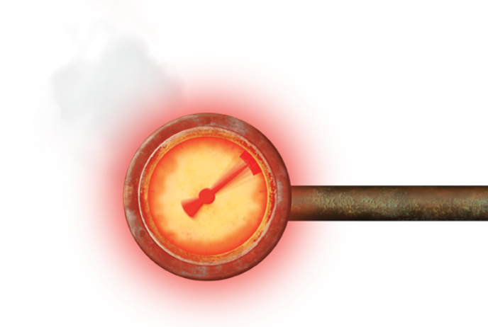 A glowing gauge with indicator needle in the red connected to a pipe on its right side and has steam billowing out of its left